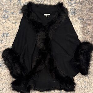 Sioni Black Faux Fur Trim Cape Wrap Jacket Formal Wedding